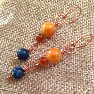 Spring Magic!  Blue Lapis, Brown Agate & Tangerine Ceramic Beads Earrings